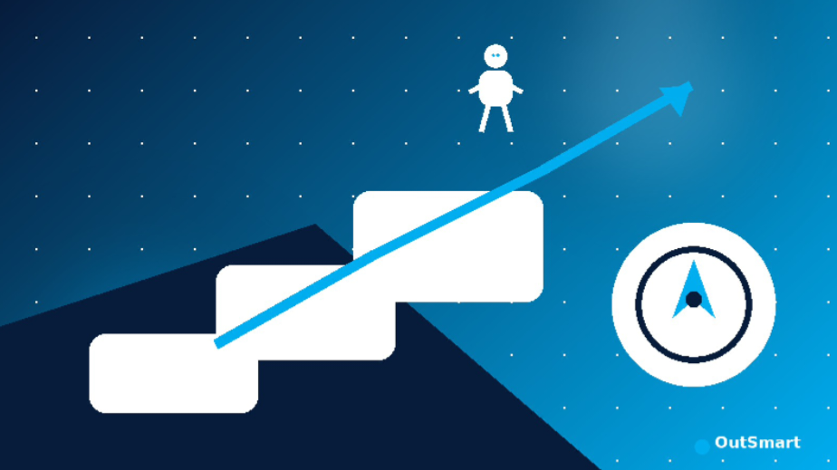 OutSmart illustration of a figure climbing a staircase toward a compass, representing career growth